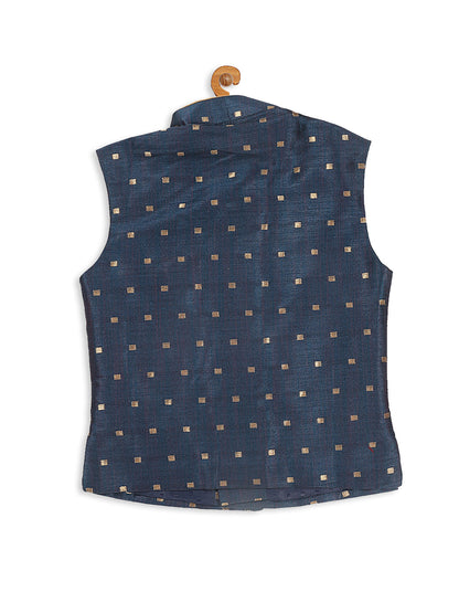 Vastramay SISHU Boy's Gold-Toned & Blue Color Woven Design Nehru Jackets - PUSHMYCART