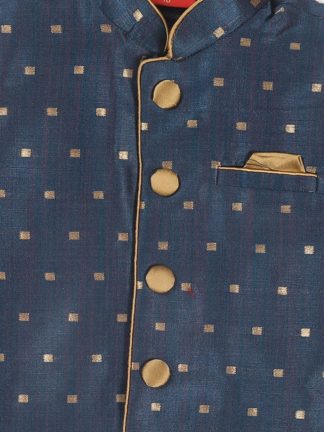 Vastramay SISHU Boy's Gold-Toned & Blue Color Woven Design Nehru Jackets - PUSHMYCART