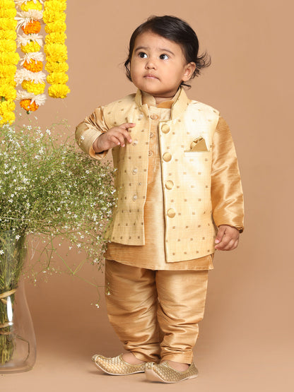 Vastramay SISHU Boy's Rose Gold Kurta And Pajama With Gold Jacket - PUSHMYCART