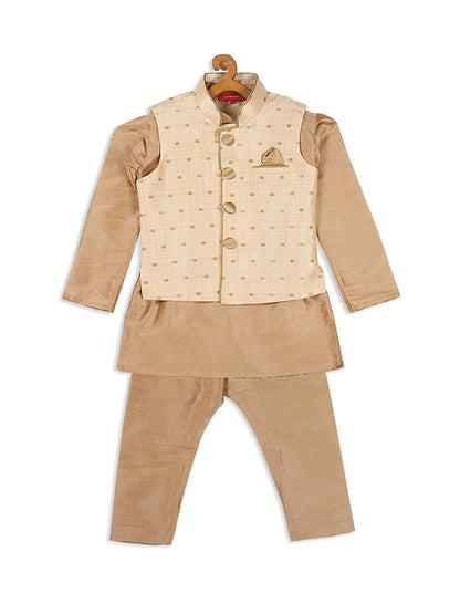 Vastramay SISHU Boy's Rose Gold Kurta And Pajama With Gold Jacket - PUSHMYCART