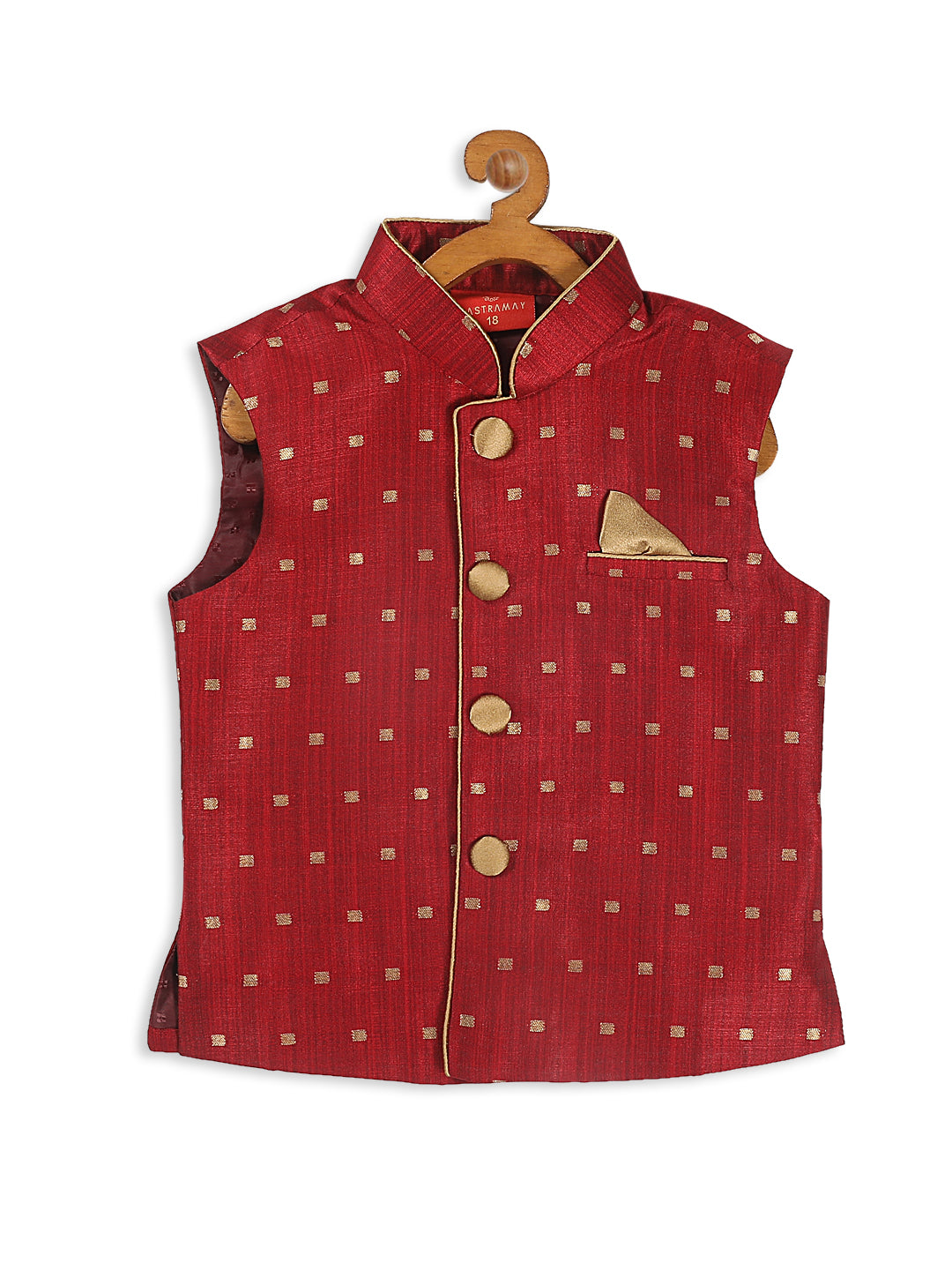 Vastramay SISHU Boy's Maroon & Gold Toned Woven Design Nehru Jacket - PUSHMYCART