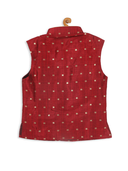 Vastramay SISHU Boy's Maroon & Gold Toned Woven Design Nehru Jacket - PUSHMYCART