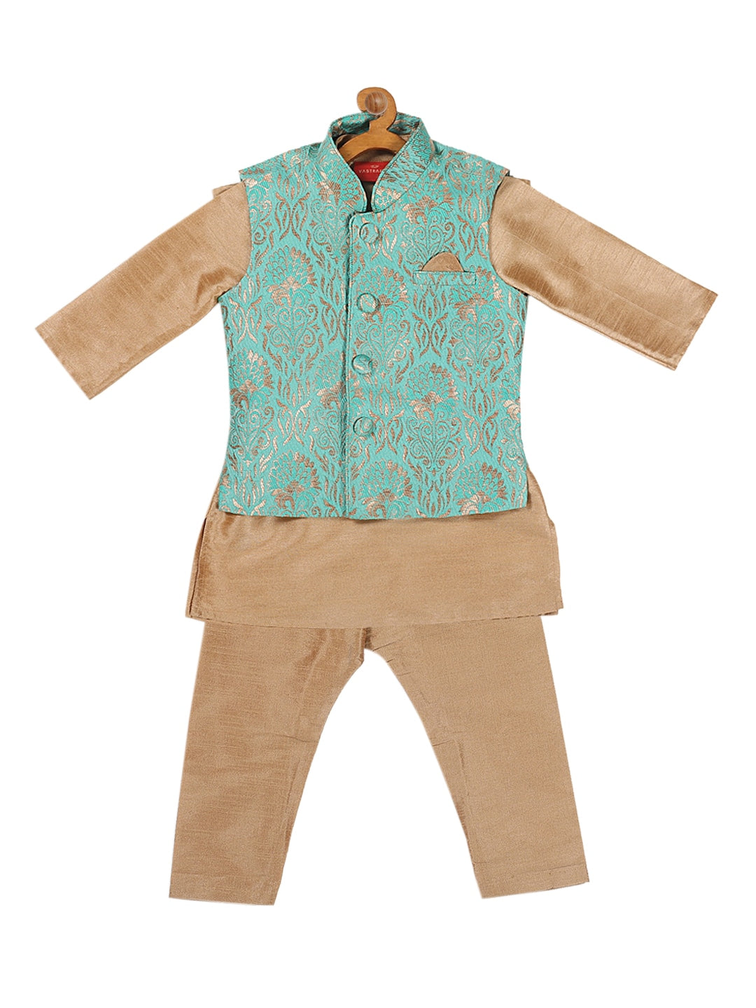 Vastramay SISHU Boy's Rose Gold & Green Kurta Set with Nehru Jacket - PUSHMYCART