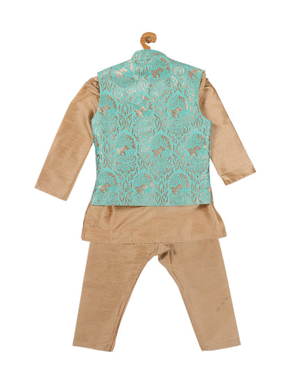 Vastramay SISHU Boy's Rose Gold & Green Kurta Set with Nehru Jacket - PUSHMYCART
