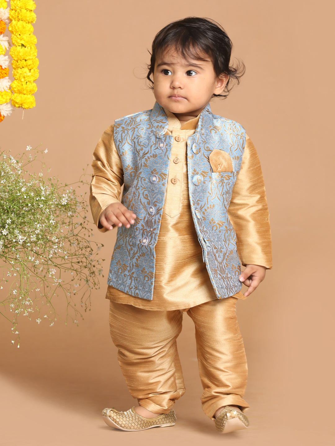 Vastramay SISHU Boy's Rose Gold Kurta Set With Grey Nehru Jacket Set - PUSHMYCART