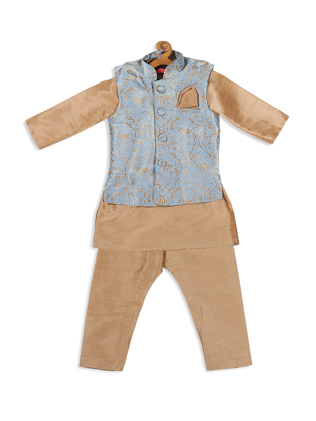 Vastramay SISHU Boy's Rose Gold Kurta Set With Grey Nehru Jacket Set - PUSHMYCART