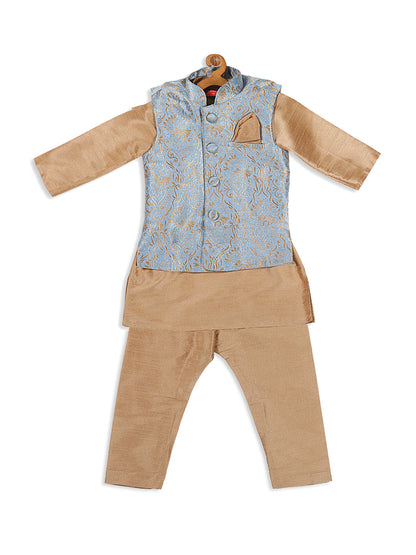 Vastramay SISHU Boy's Rose Gold Kurta Set With Grey Nehru Jacket Set - PUSHMYCART