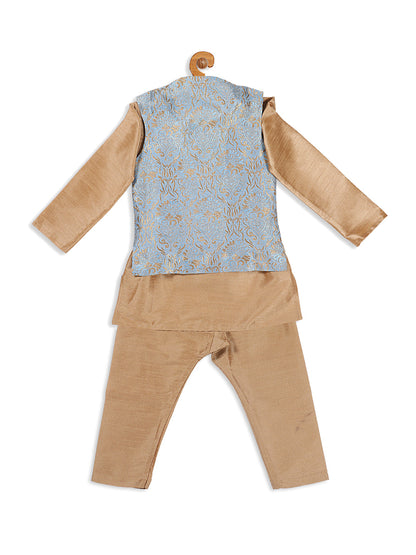 Vastramay SISHU Boy's Rose Gold Kurta Set With Grey Nehru Jacket Set - PUSHMYCART