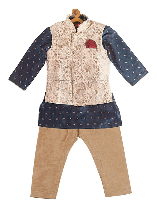 Vastramay SISHU Boy's Blue Printed Kurta with Rose Gold Pyjamas & Nehru Jacket - PUSHMYCART