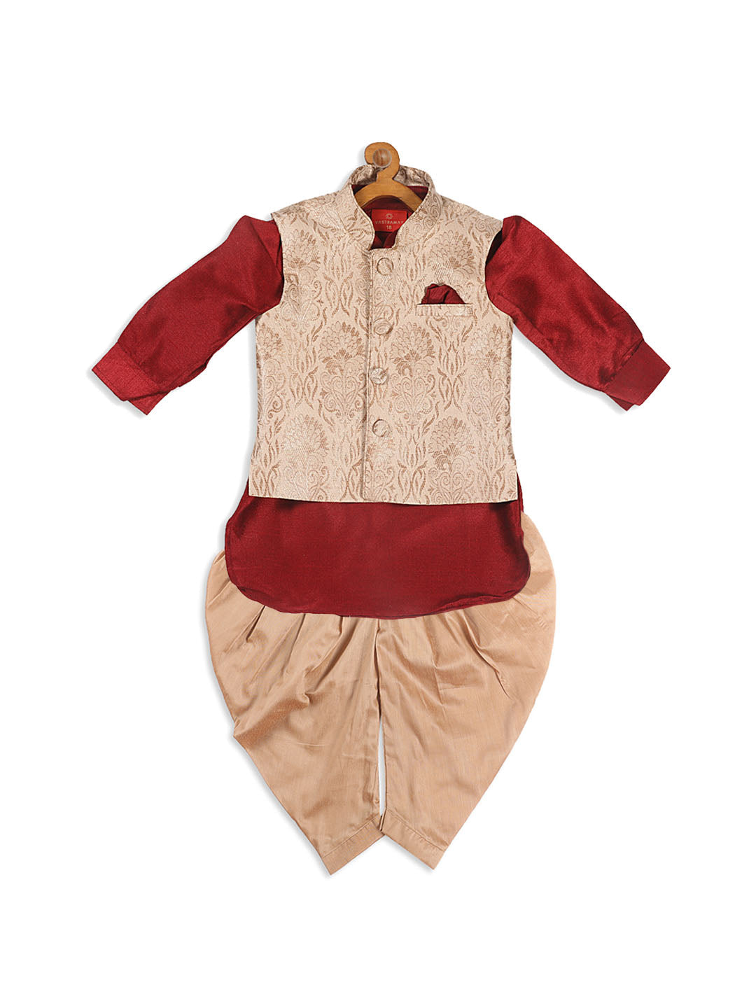 Vastramay SISHU Boy's Maroon Kurta With Rose Gold Dhoti Pant & Nehru Jacket Set - PUSHMYCART
