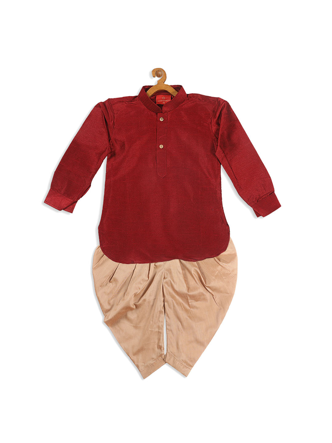 Vastramay SISHU Boy's Maroon Kurta With Rose Gold Dhoti Pant & Nehru Jacket Set - PUSHMYCART