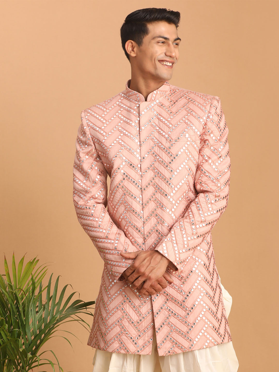 vastramay mens pink mirror work indo western only top