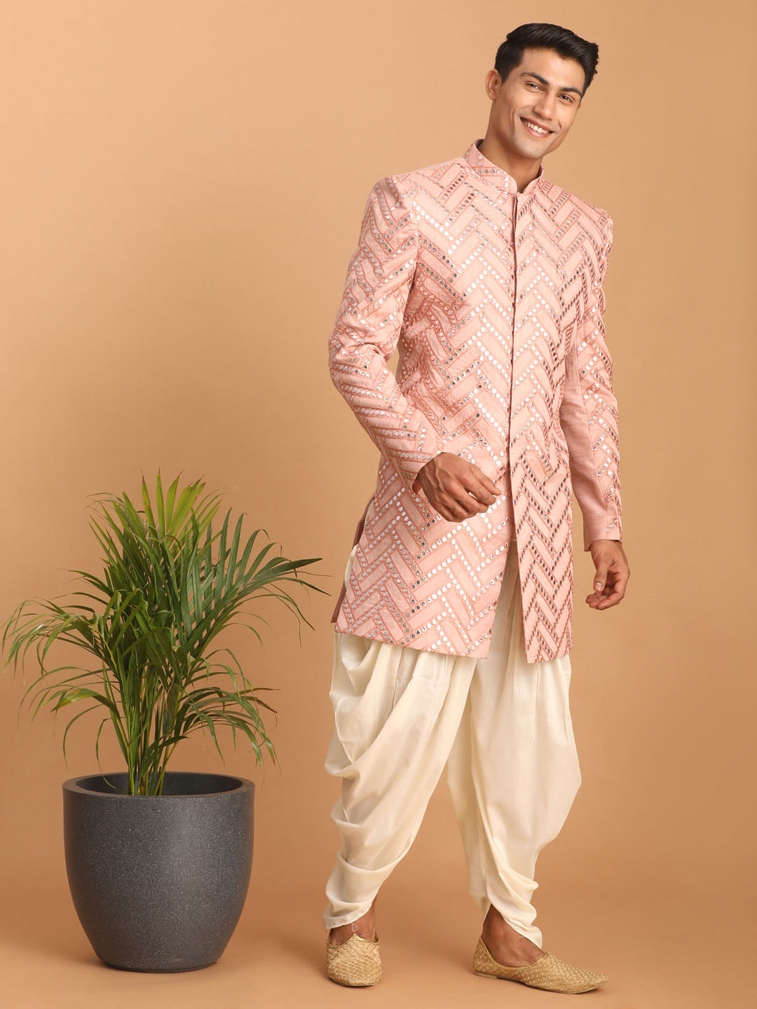 vastramay mens pink mirror work indo western only top