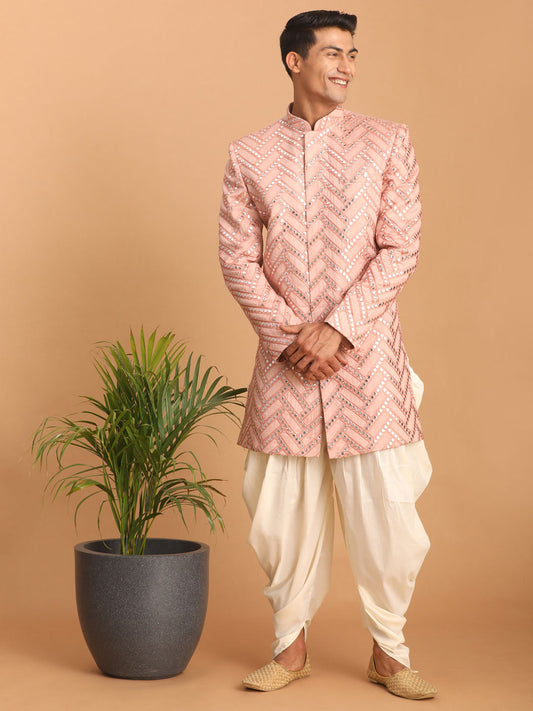 vastramay mens pink mirror work indo western sherwani set