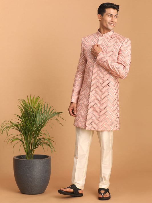vastramay mens pink mirror work indo western sherwani set 1