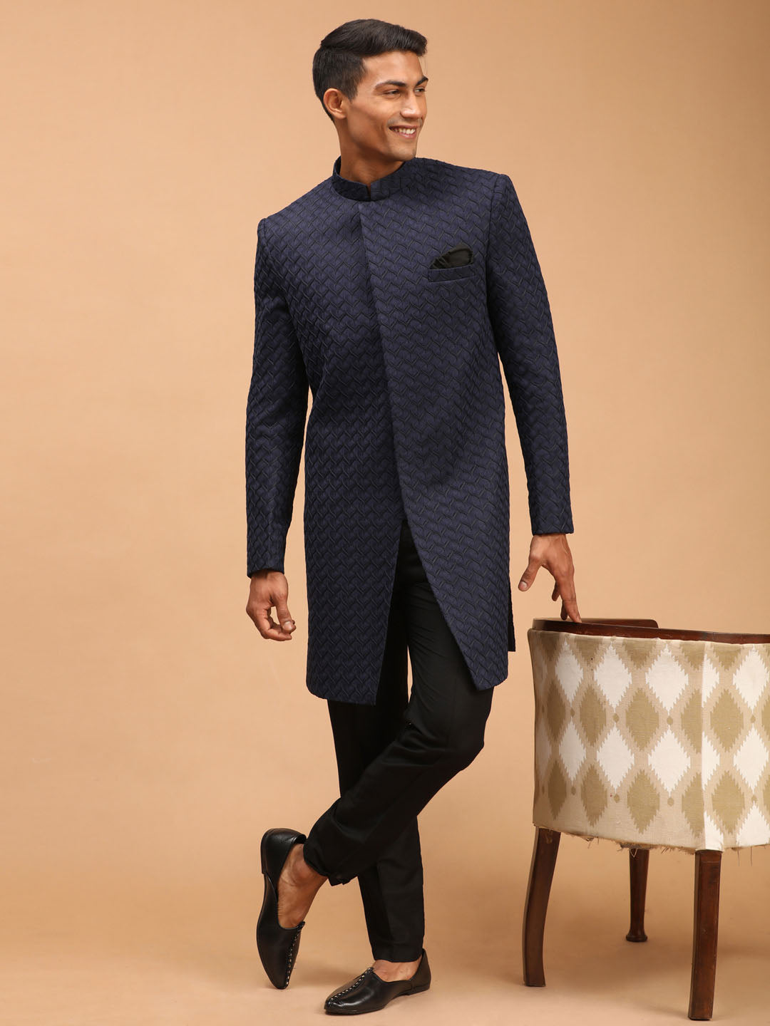 Vastramay Men's Navy Blue imported Jacquard Self Design Sherwani Only Top - PUSHMYCART
