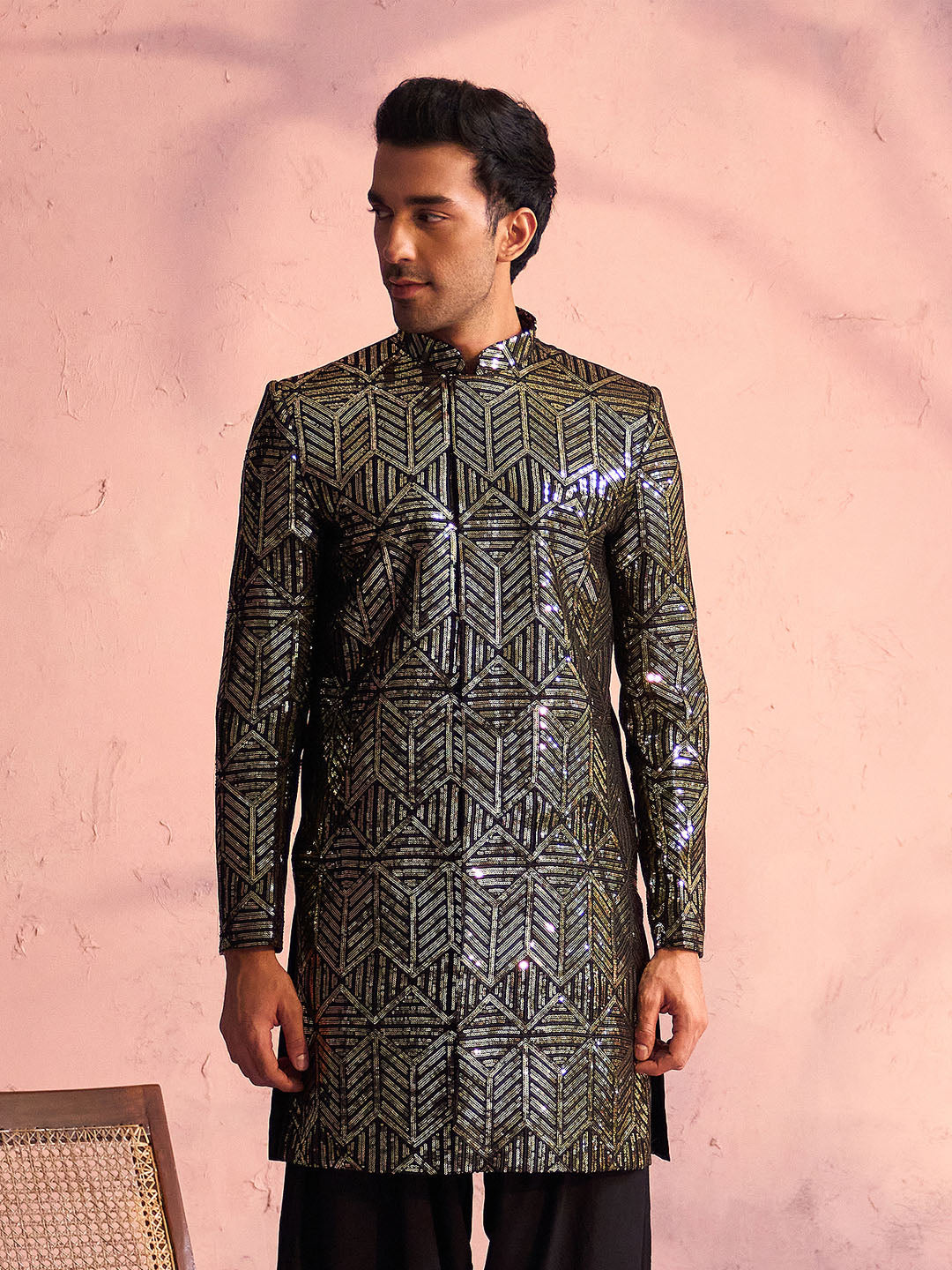 vastramay mens black georgette sherwani only top