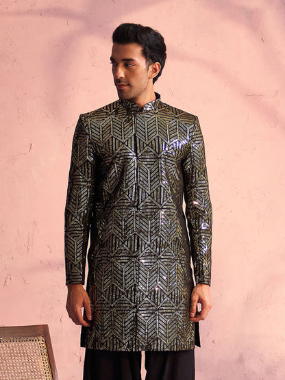 vastramay mens black georgette sherwani only top