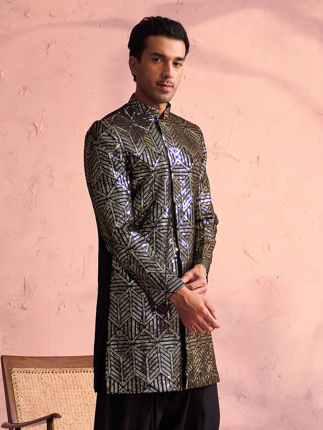 vastramay mens black georgette sherwani only top
