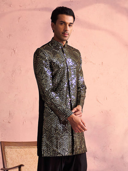 vastramay mens black georgette sherwani only top