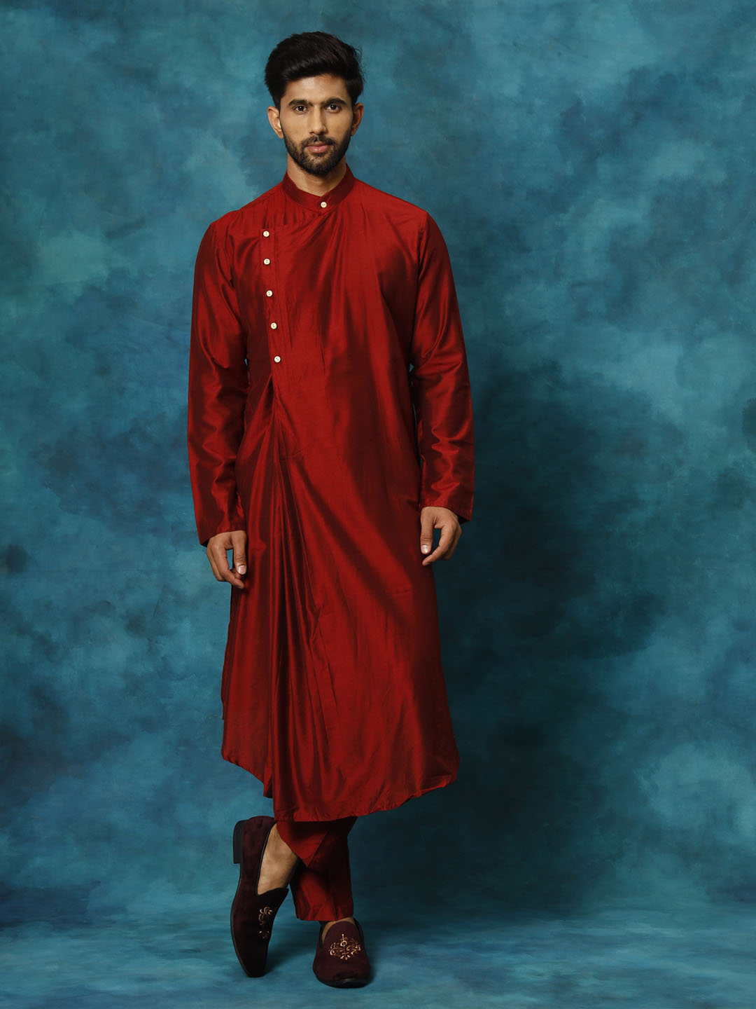 vastramay mens maroon pleated kurta