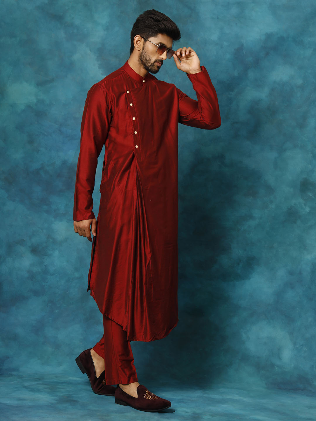 vastramay mens maroon pleated kurta