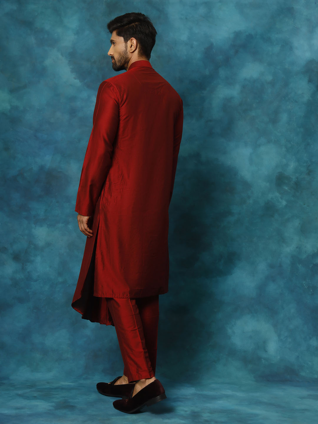 vastramay mens maroon pleated kurta