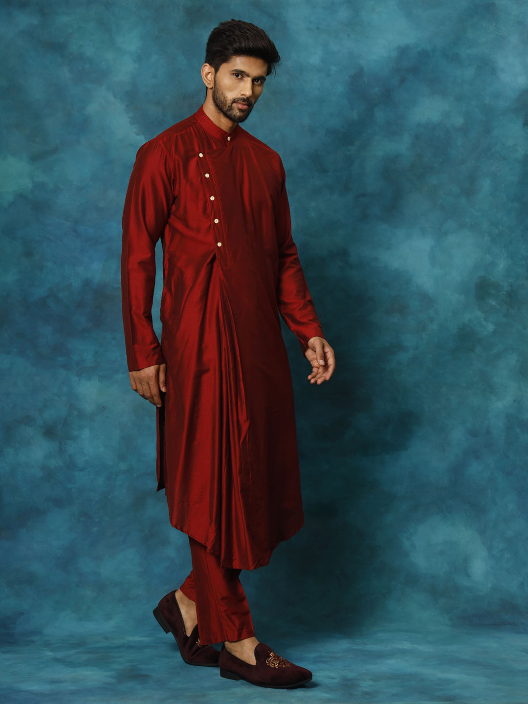 vastramay mens maroon pleated kurta