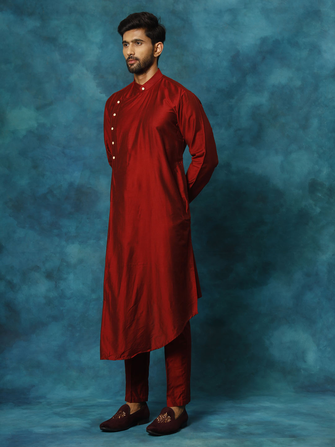 vastramay mens maroon pleated kurta