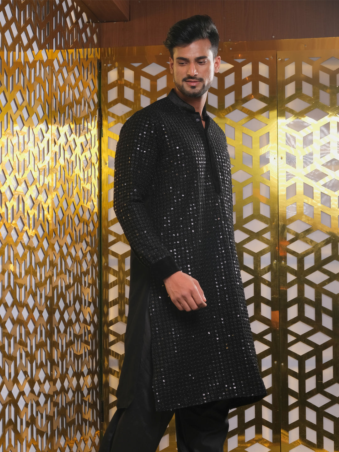 vastramay mens black mirror georgette kurta