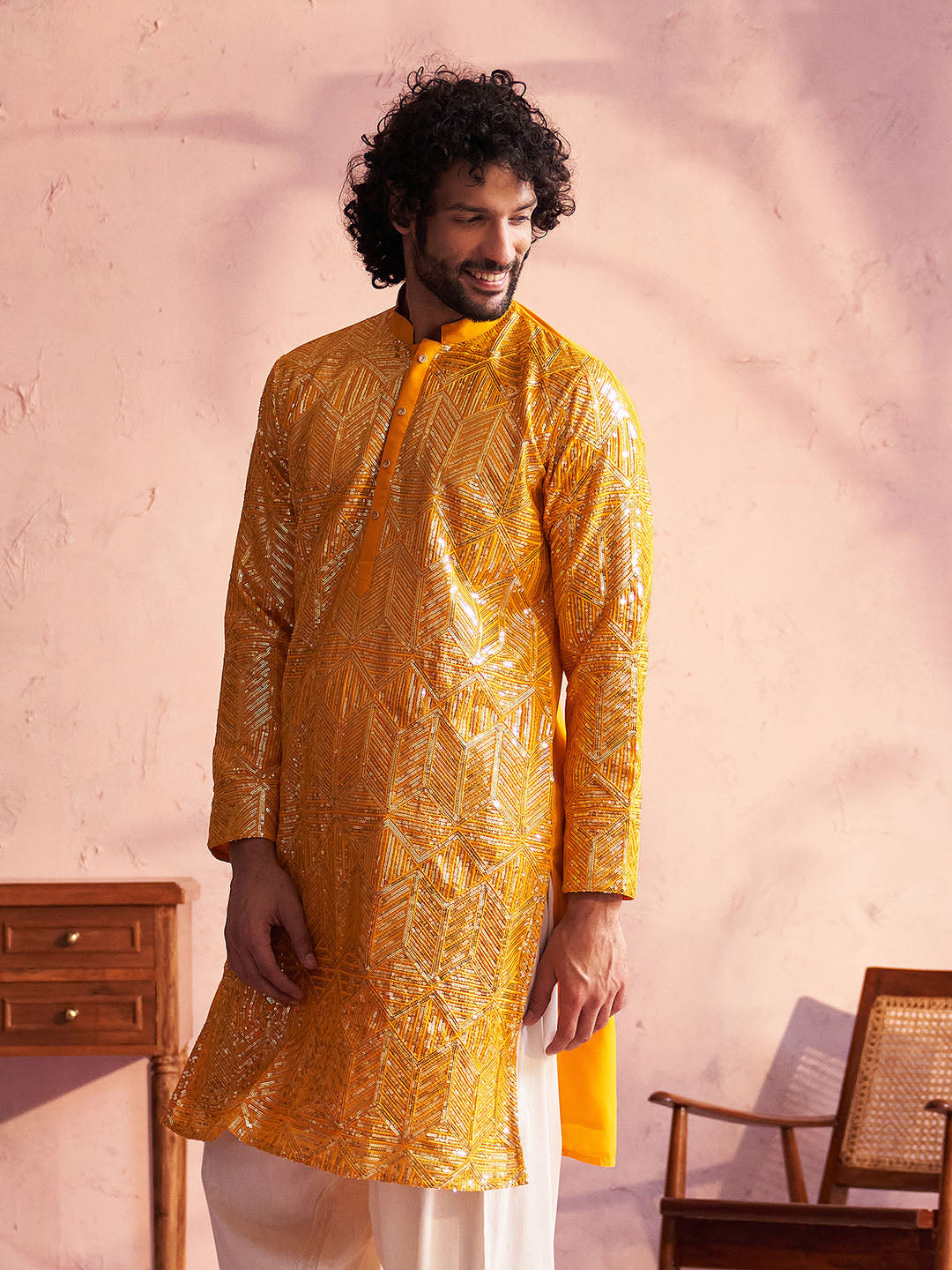vastramay mens yellow georgette embellished kurta