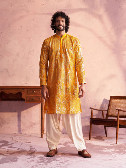 vastramay mens yellow georgette embellished kurta