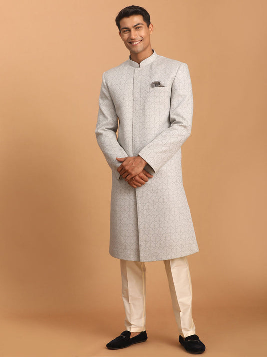 vastramay mens grey jaccard sherwani with cream pant set
