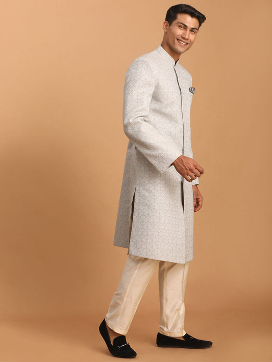 vastramay mens grey jaccard sherwani with cream pant set