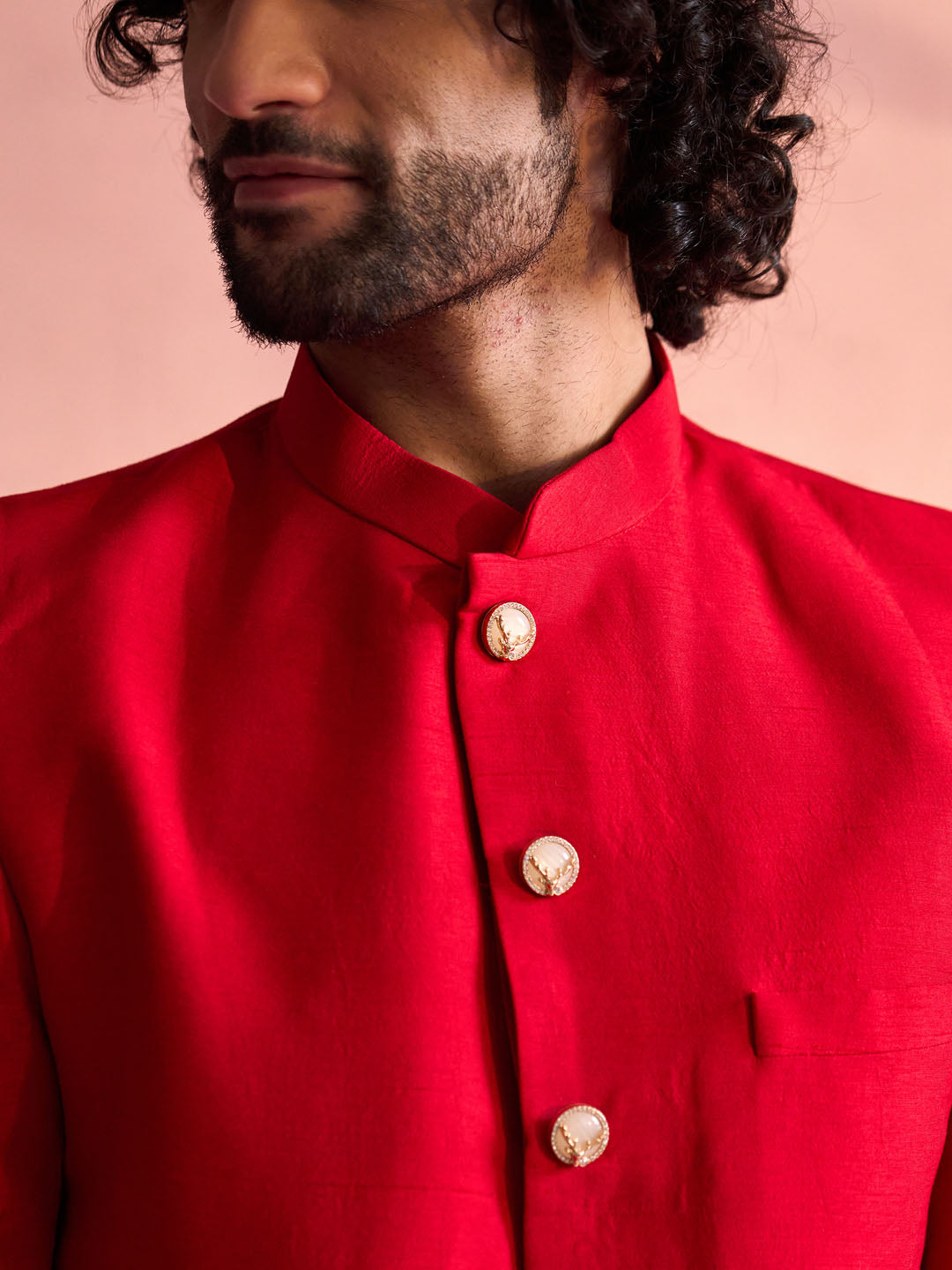 VASTRAMAY Men's Red Silk Solid Sherwani Only Top - PUSHMYCART