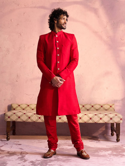 VASTRAMAY Men's Red Silk Solid Sherwani Only Top - PUSHMYCART