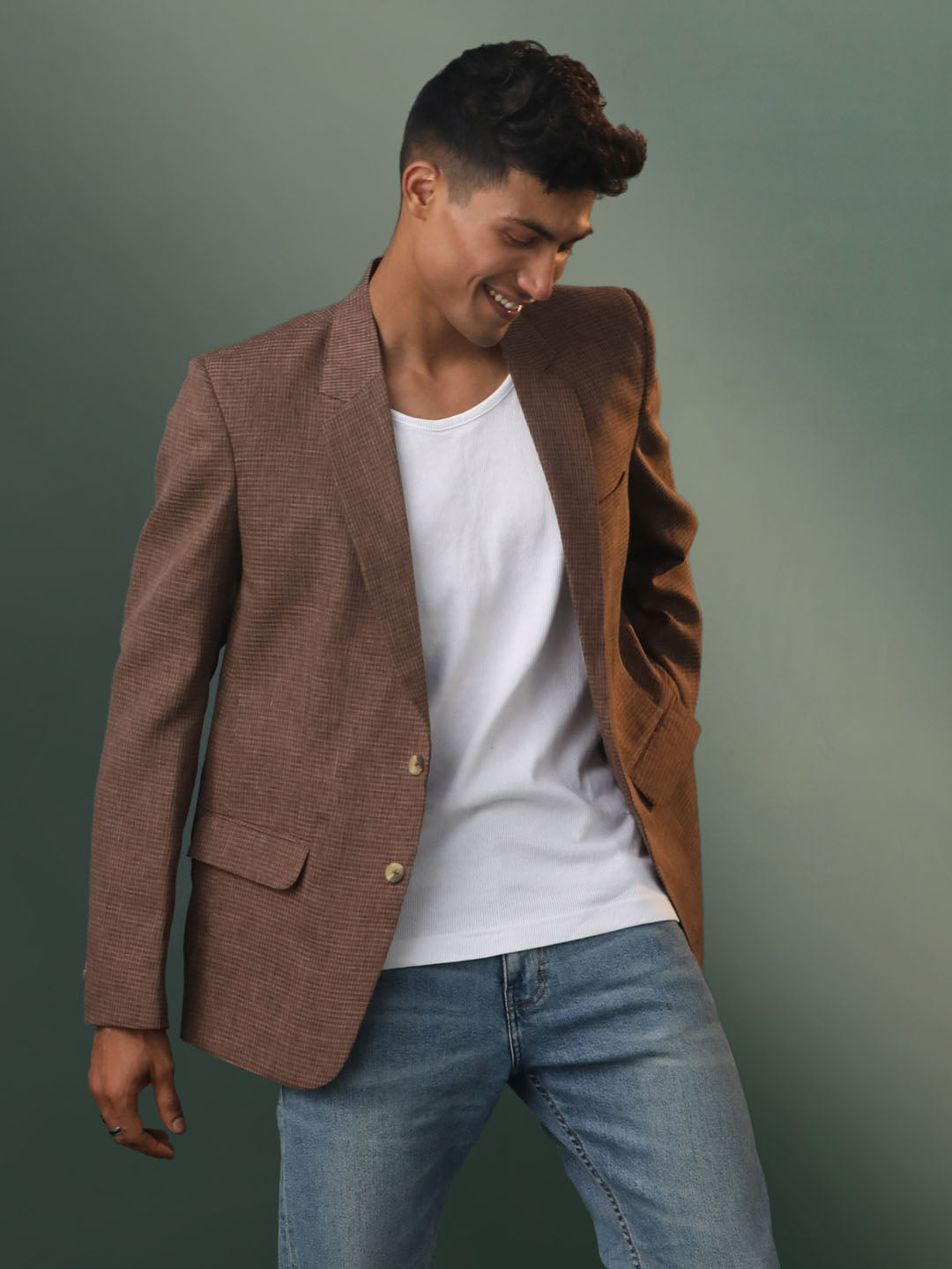 vastramay mens brown checked cotton blend blazer