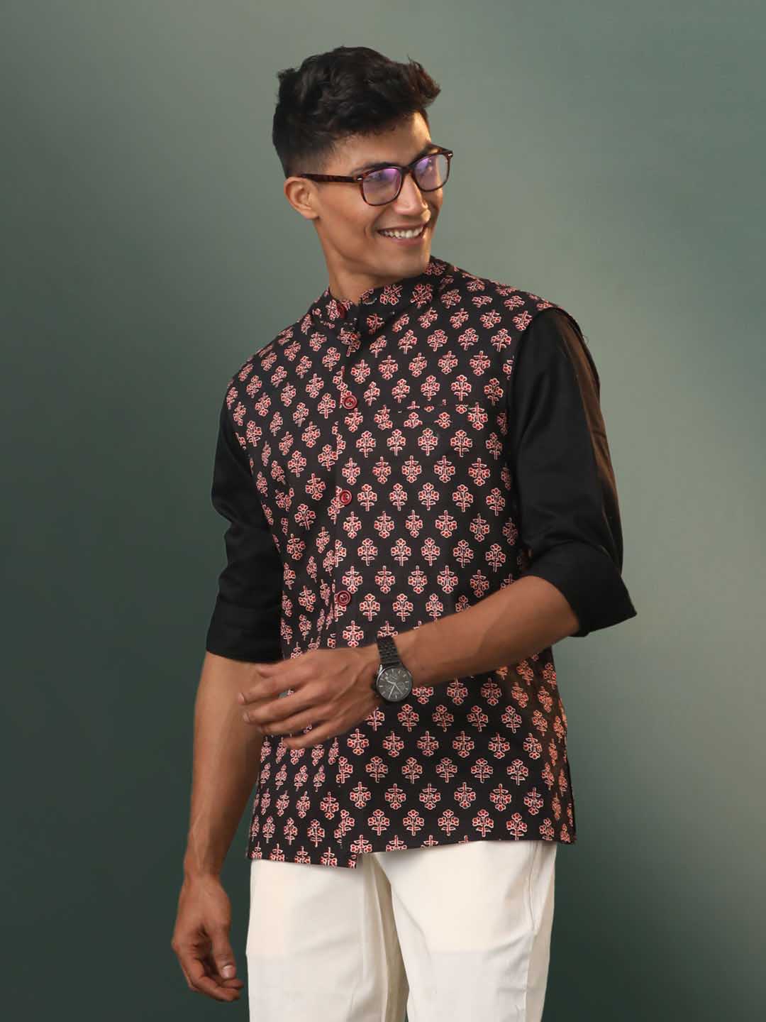 vastramay mens black printed cotton nehru jacket