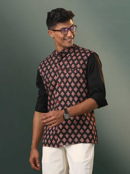 vastramay mens black printed cotton nehru jacket