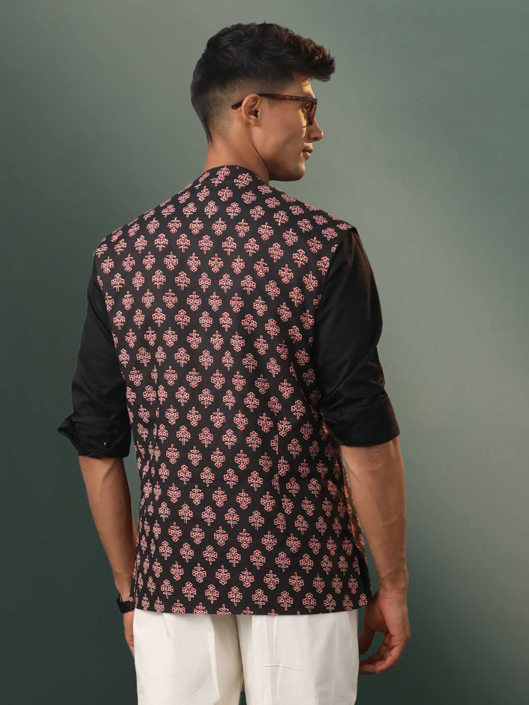vastramay mens black printed cotton nehru jacket
