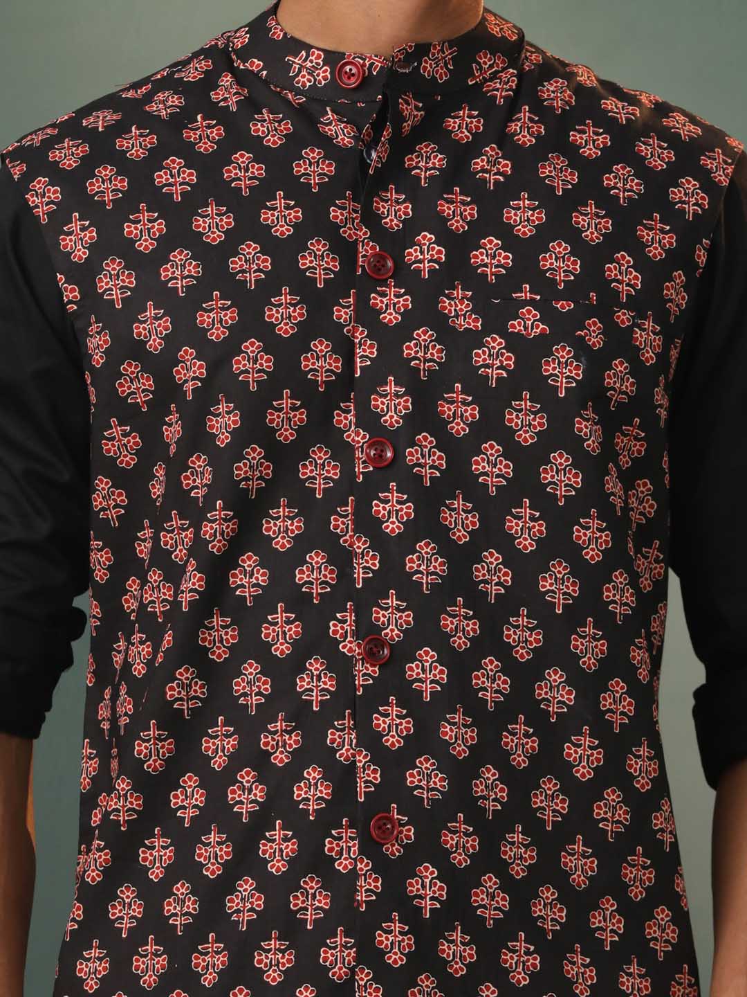 vastramay mens black printed cotton nehru jacket