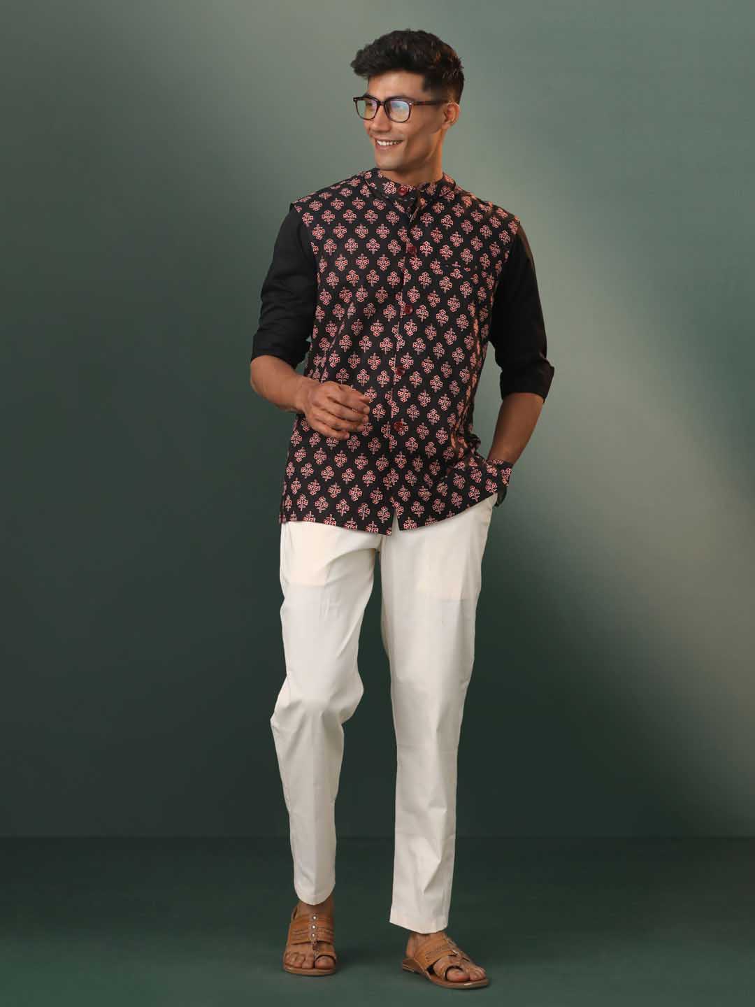 vastramay mens black printed cotton nehru jacket