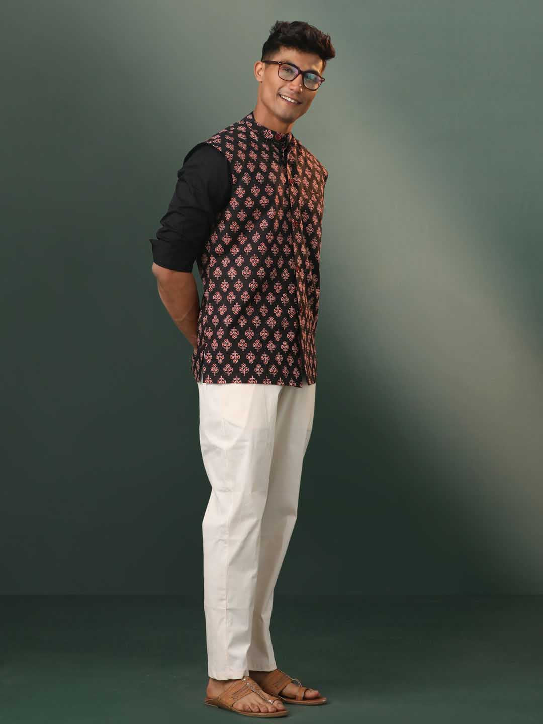 vastramay mens black printed cotton nehru jacket