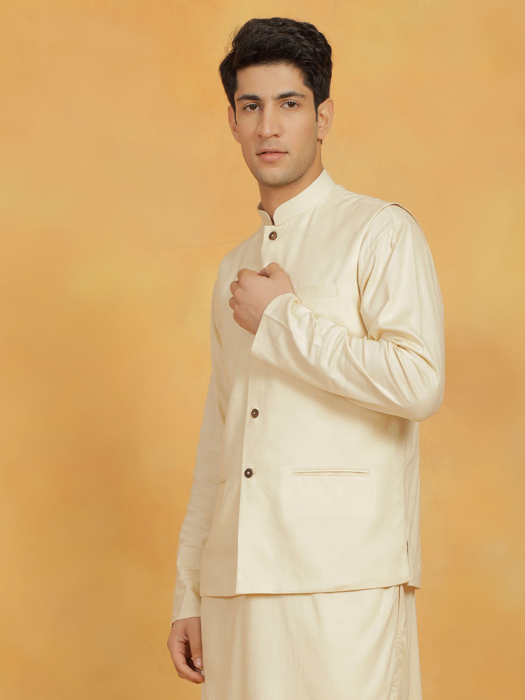 vastramay mens cream cotton linen nehru jacket