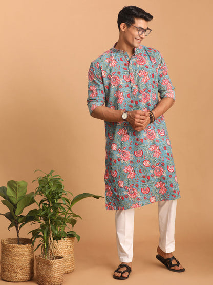 vastramay mens blue and red floral printed cotton kurta with white pant set 2