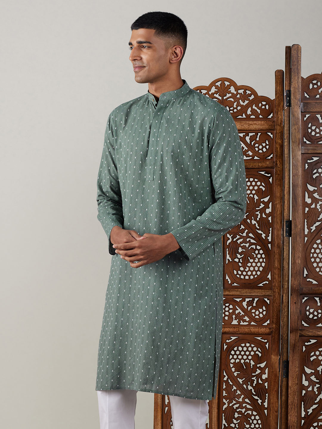 vastramay mens green cotton jacquard kurta