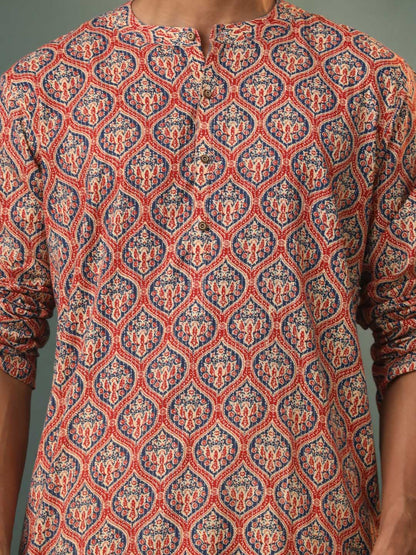 vastramay mens multi color base red kantha with printed kurta pyjama set