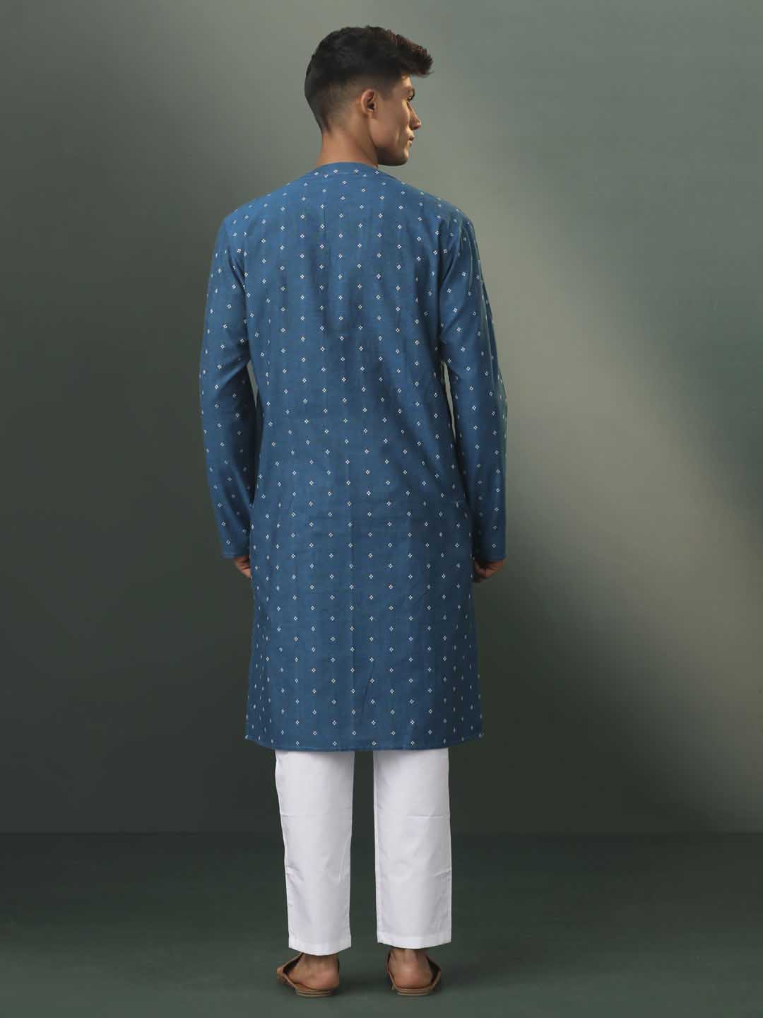 Vastramay Mens Turquoise Blue Jacquard Cotton Kurta Pyjama Set