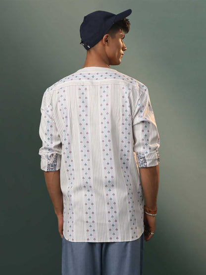 vastramay mens off white geometric weaved cotton short kurta