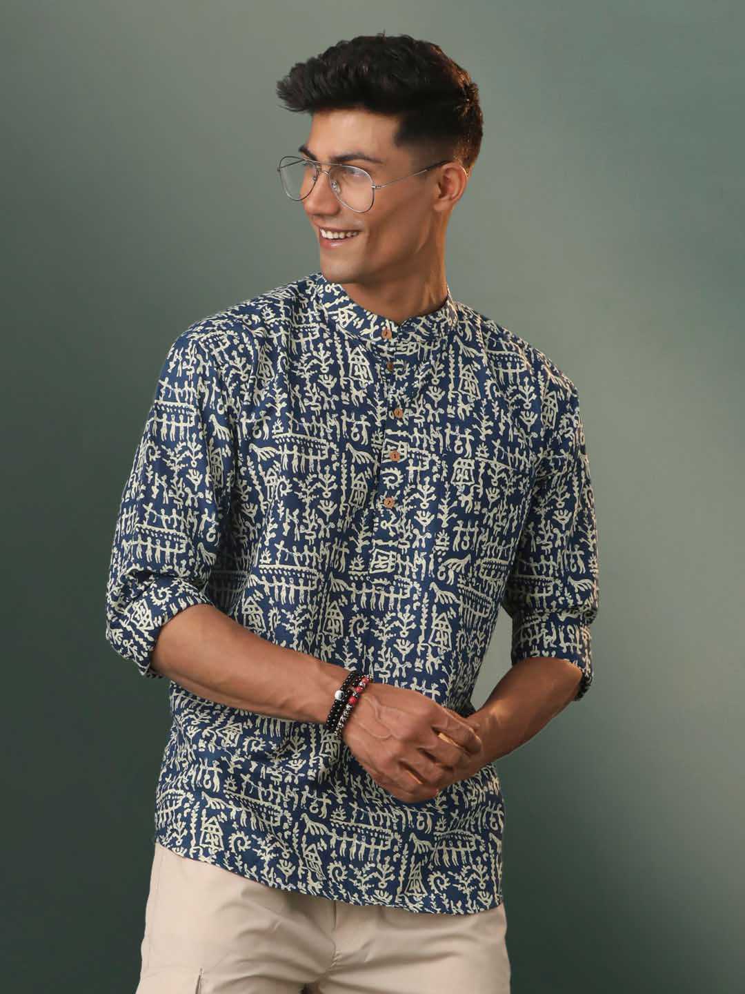 vastramay mens navy blue tribal printed cotton short kurta